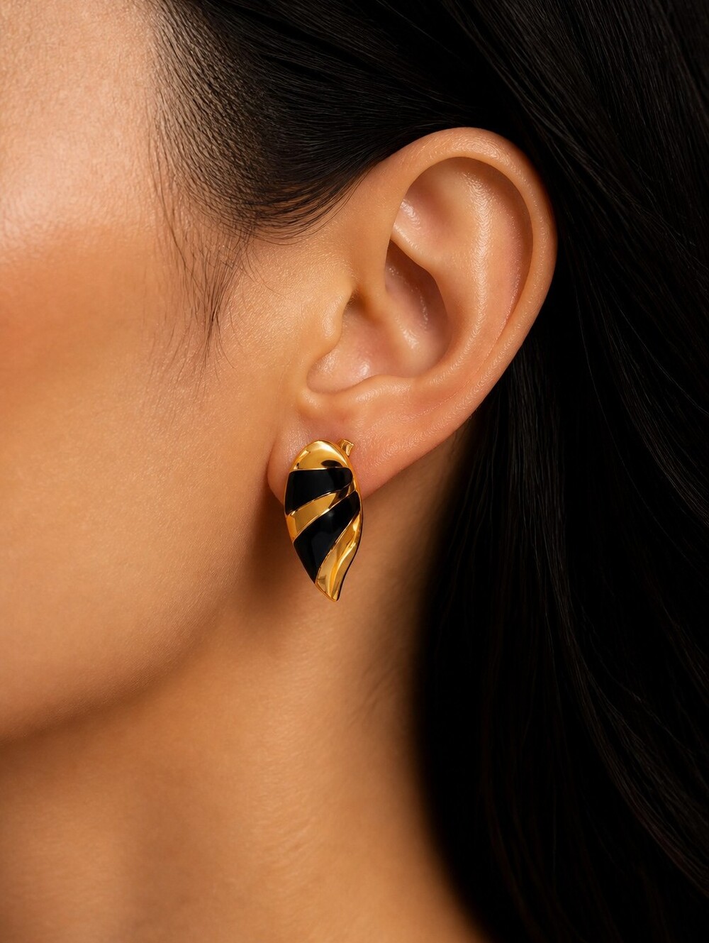 Monet Gold Tone Black Stripe Leaf Clip-On Earrings